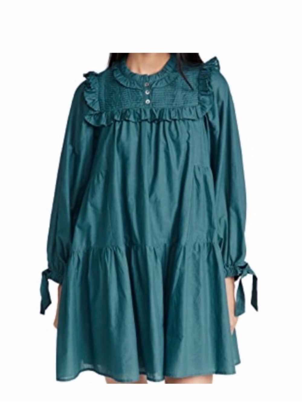 Sea New York Teal Ruffled Yoke Long-Sleeve Dress